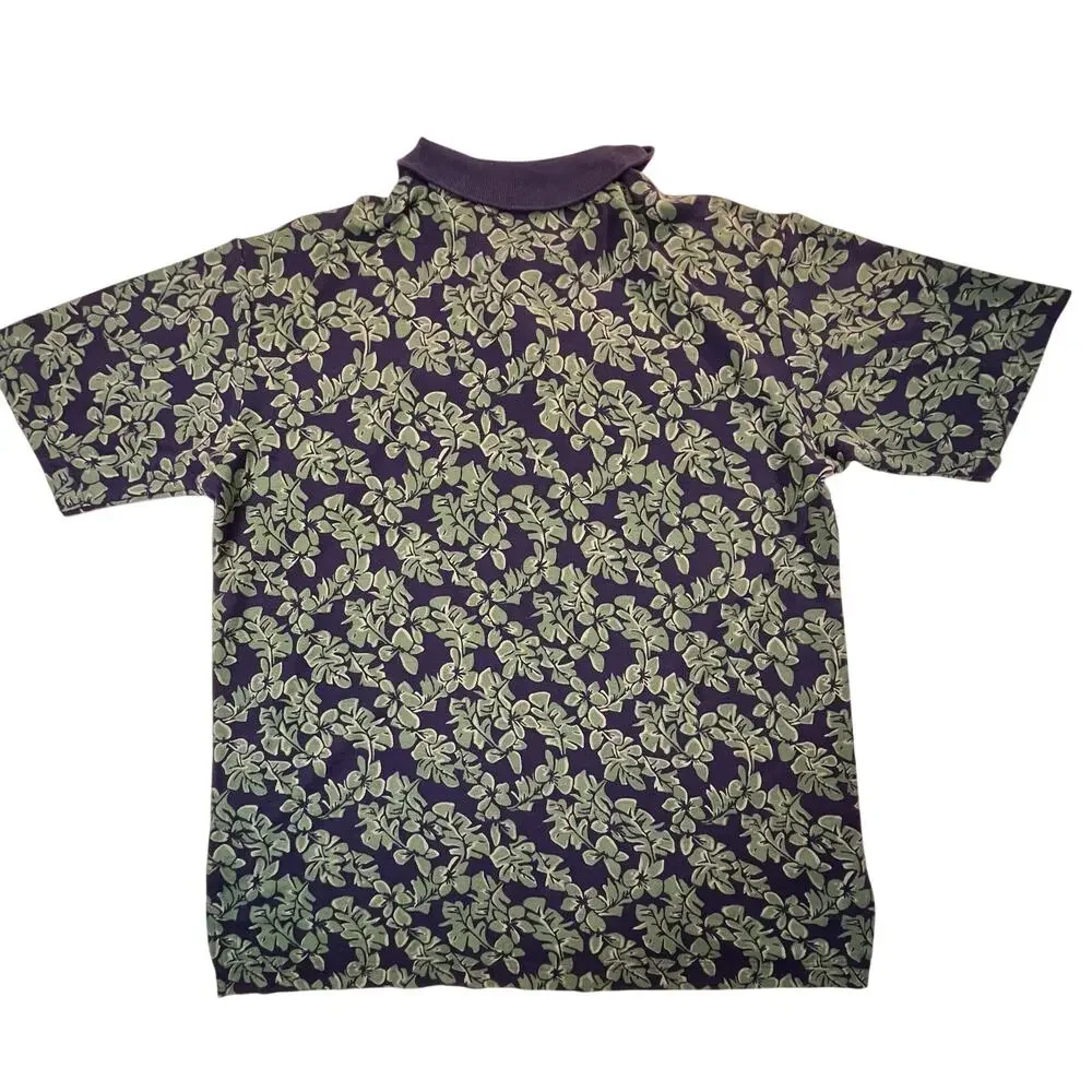 Vintage Old School Mens XL Silk Cotton Tropical Floral Polo Shirt Hawaiian 90s